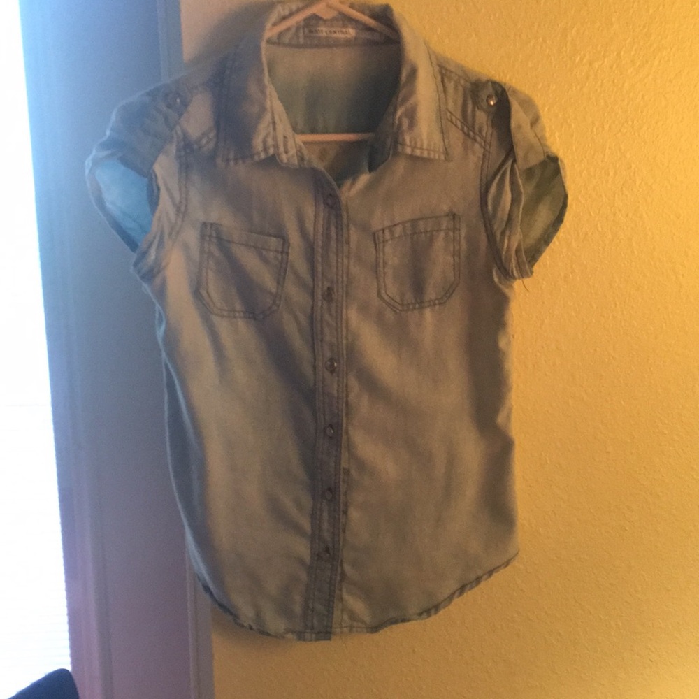 Baby blue jean blouse with white lace back